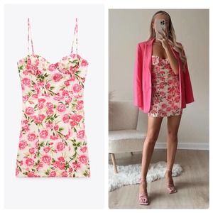 Zara Pink White Floral Corset Style Mini Dress Size Small